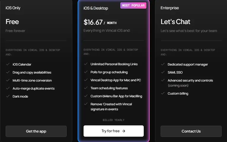 Vimcal pricing โ free iOS app, paid plans for desktop